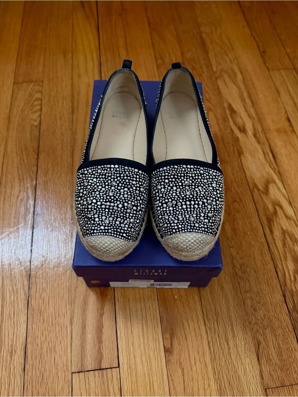 Stuart Weitzman Navy Crystal-Embellished Espadrille Flats